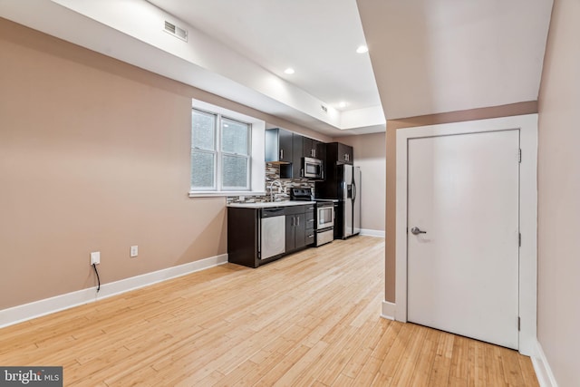 kitchen featuring appliances with stainless steel finishes, light wood-type flooring, and tasteful backsplash