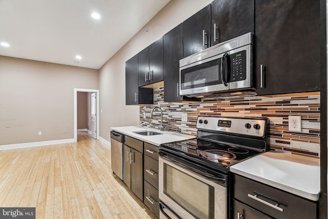 kitchen featuring appliances with stainless steel finishes, light wood-type flooring, sink, and backsplash