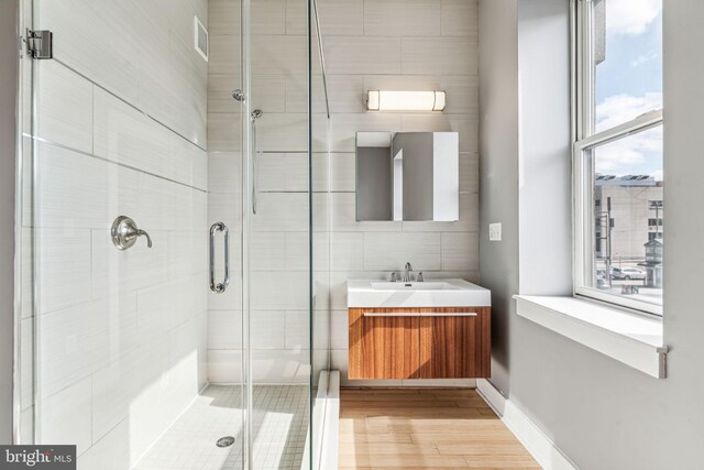 bathroom featuring a healthy amount of sunlight, hardwood / wood-style flooring, walk in shower, and vanity