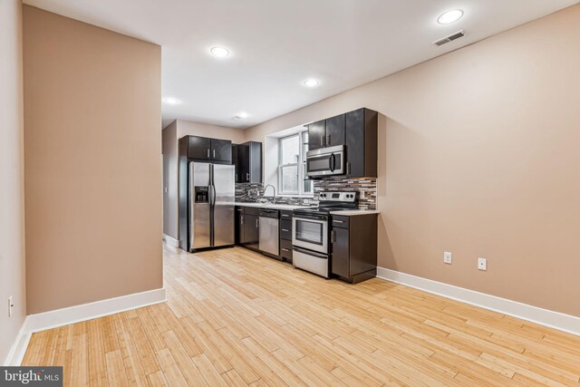 kitchen with backsplash, stainless steel appliances, sink, and light hardwood / wood-style flooring