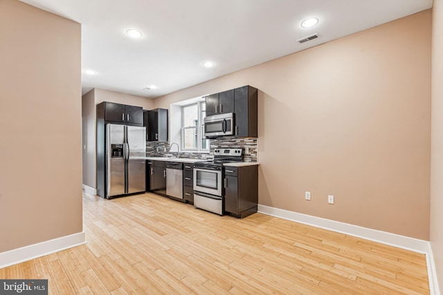 kitchen featuring backsplash, stainless steel appliances, and light hardwood / wood-style flooring