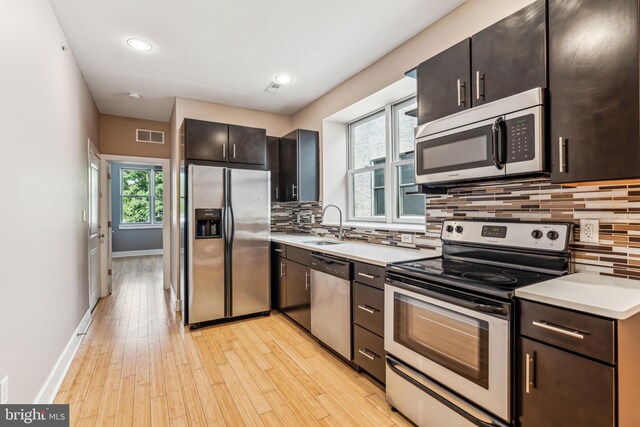 kitchen featuring light wood-type flooring, sink, stainless steel appliances, and tasteful backsplash