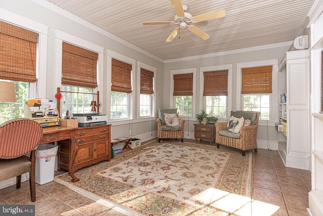 office area featuring wood ceiling, ceiling fan, light tile patterned floors, and crown molding