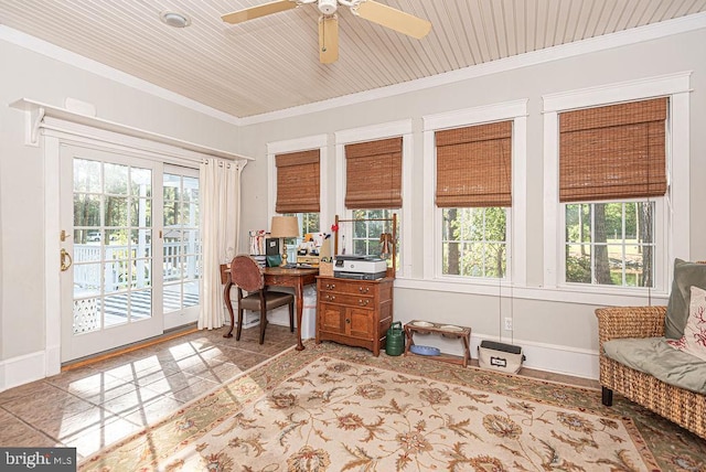 office area with ceiling fan, light tile patterned flooring, and ornamental molding