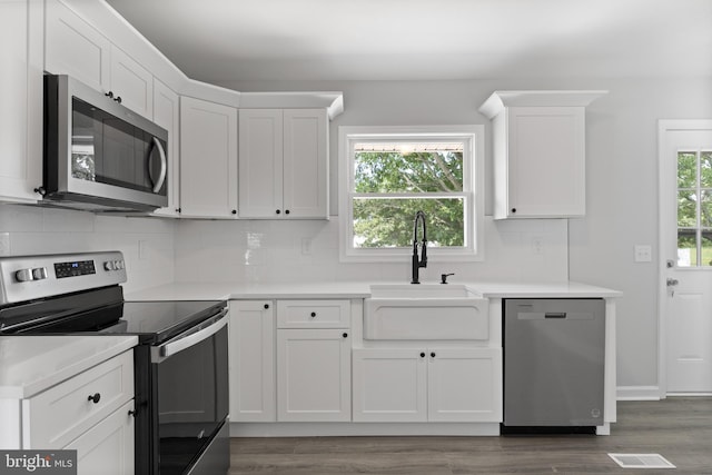 kitchen with wood-type flooring, backsplash, and stainless steel appliances