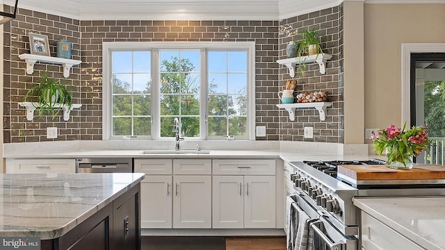 kitchen featuring white cabinets, stainless steel appliances, crown molding, open shelves, and a sink