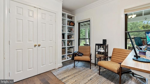 sitting room featuring ornamental molding and wood finished floors