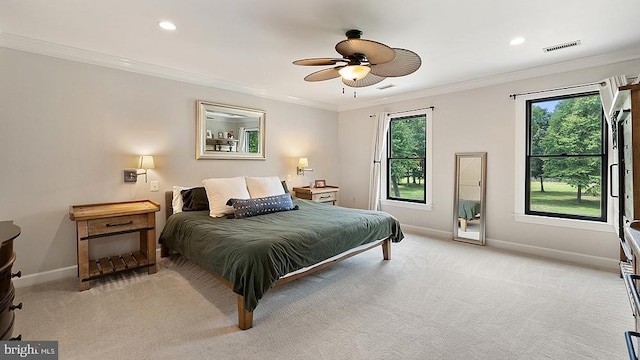 bedroom featuring baseboards, visible vents, crown molding, carpet floors, and recessed lighting