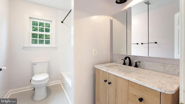 full bathroom featuring baseboards, visible vents, bathing tub / shower combination, toilet, and vanity