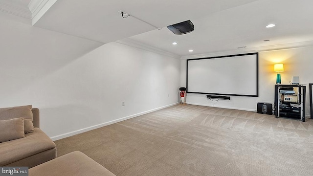 cinema with recessed lighting, baseboards, crown molding, and carpet flooring