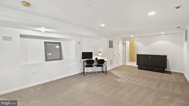 interior space featuring baseboards, carpet, visible vents, and crown molding