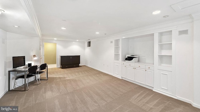 home office with light carpet, recessed lighting, baseboards, and crown molding