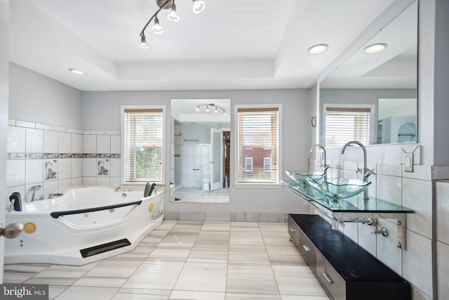 full bath featuring a tray ceiling, vanity, and a wealth of natural light