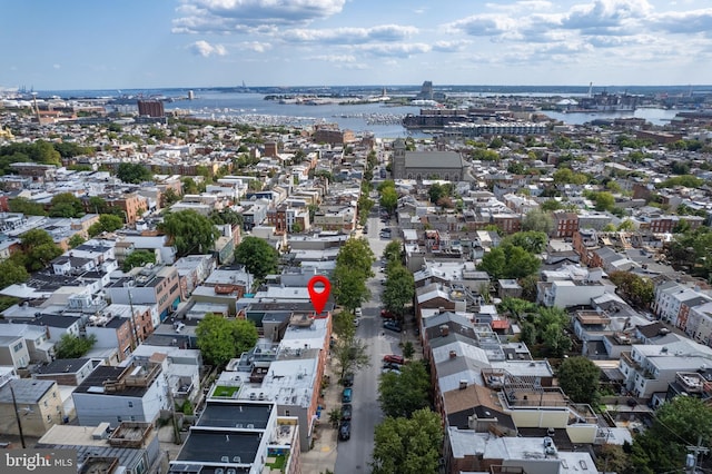 bird's eye view with a water view and a view of city