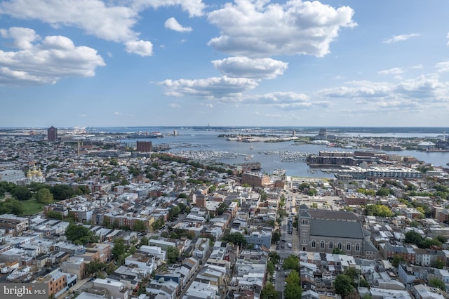 aerial view featuring a water view and a view of city