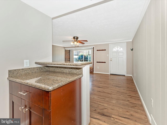 kitchen featuring ceiling fan, light wood-type flooring, light stone counters, and crown molding