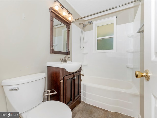 full bathroom with shower / tub combination, vanity, and toilet