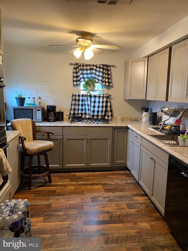 kitchen featuring sink, ceiling fan, dark hardwood / wood-style floors, appliances with stainless steel finishes, and gray cabinetry