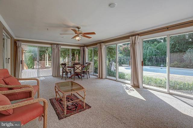 unfurnished sunroom with a ceiling fan and a healthy amount of sunlight