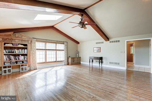 interior space featuring vaulted ceiling with skylight, visible vents, and wood finished floors