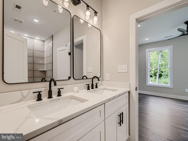 bathroom featuring hardwood / wood-style flooring, decorative backsplash, and vanity