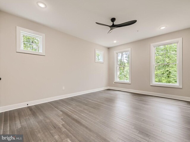 unfurnished room with ceiling fan and wood-type flooring