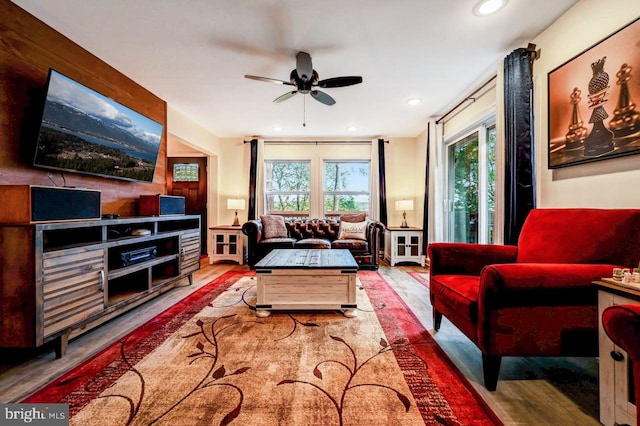 living room featuring ceiling fan and light hardwood / wood-style flooring