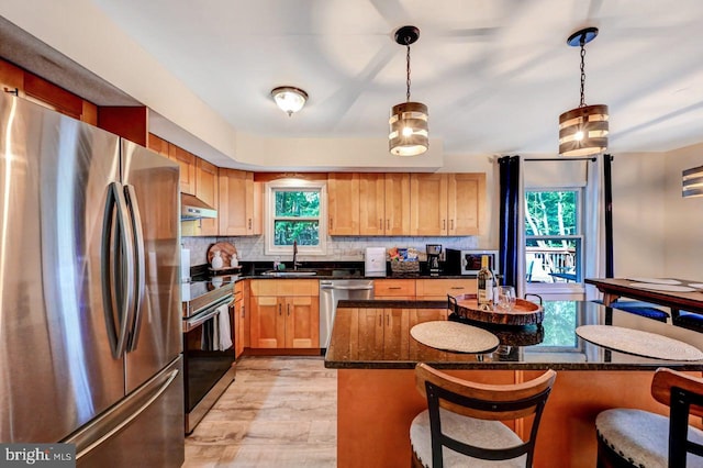 kitchen featuring pendant lighting, light hardwood / wood-style floors, appliances with stainless steel finishes, and dark stone counters