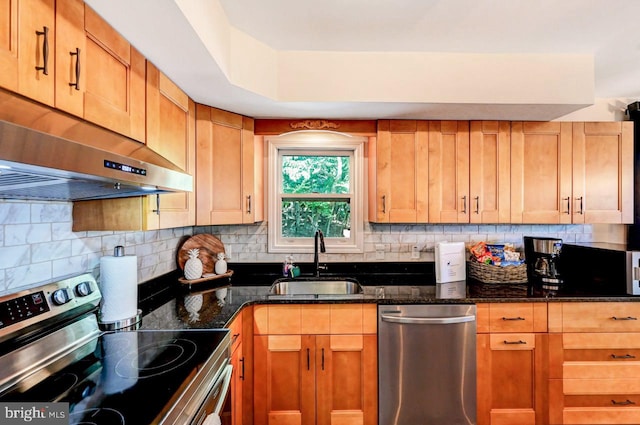 kitchen featuring dark stone counters, sink, range hood, tasteful backsplash, and appliances with stainless steel finishes