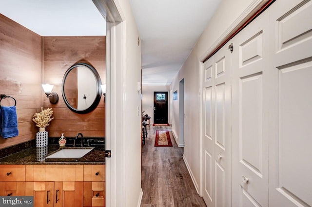 hall with wooden walls, sink, and dark hardwood / wood-style floors