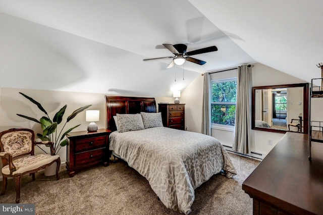 carpeted bedroom featuring ceiling fan, vaulted ceiling, and a baseboard heating unit