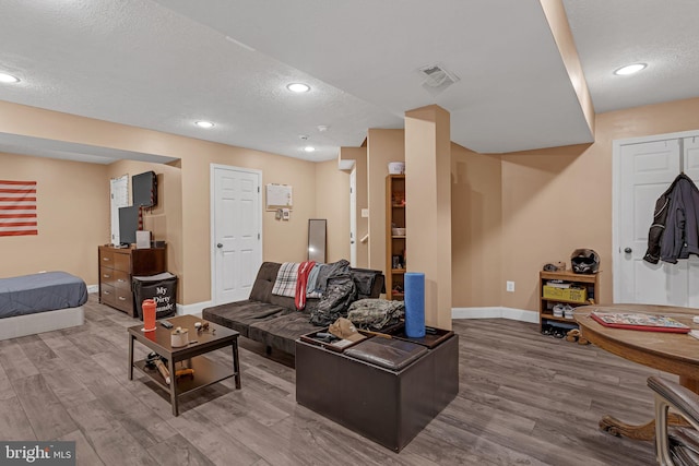 living room featuring a textured ceiling and wood-type flooring