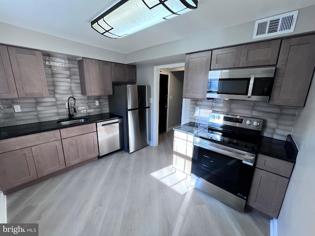 kitchen with dark countertops, visible vents, decorative backsplash, appliances with stainless steel finishes, and a sink