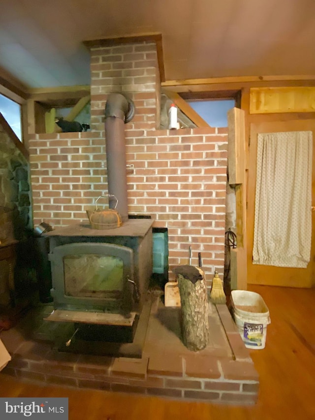 interior details featuring a wood stove