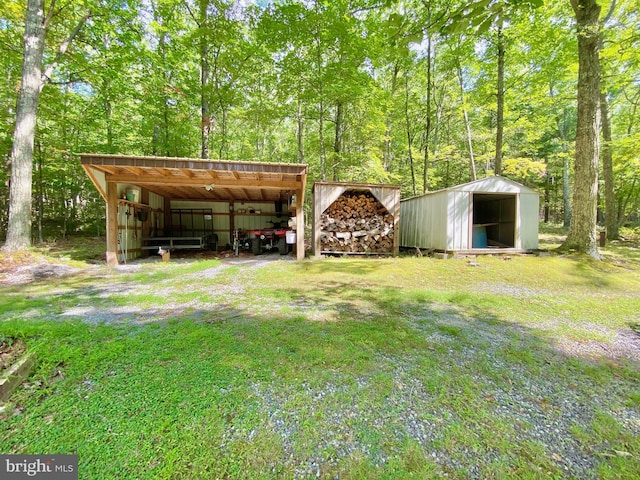 view of yard featuring driveway and an outbuilding