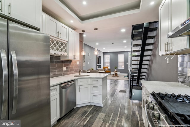 kitchen with white cabinets, stainless steel appliances, dark hardwood / wood-style floors, and sink