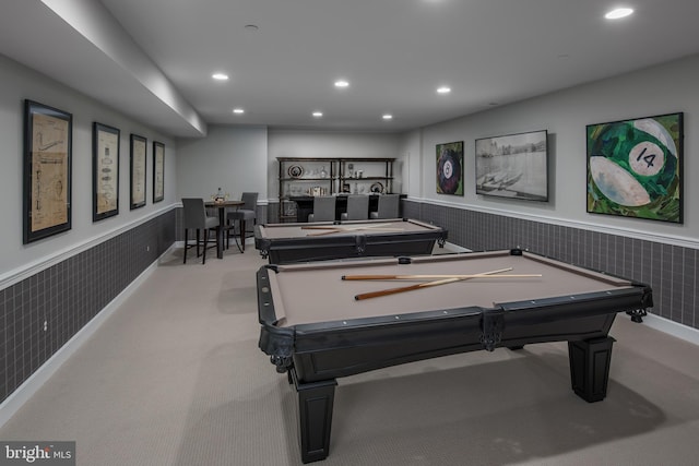 game room featuring light colored carpet and billiards