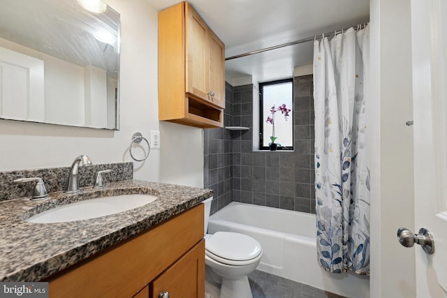 bathroom with toilet, tile patterned floors, shower / bath combination with curtain, and vanity