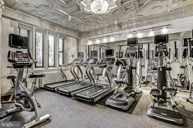 workout area with an ornate ceiling