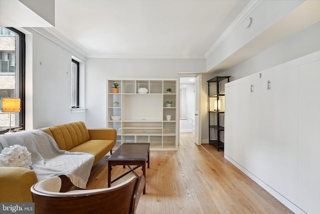 living area featuring ornamental molding and light wood-style floors