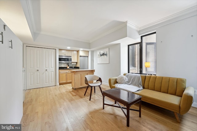 living area featuring ornamental molding, light wood-style flooring, and baseboards