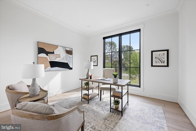 office space featuring light hardwood / wood-style floors and ornamental molding