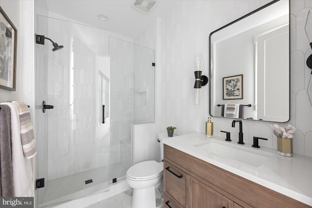 bathroom featuring tile walls, an enclosed shower, tile patterned flooring, vanity, and toilet