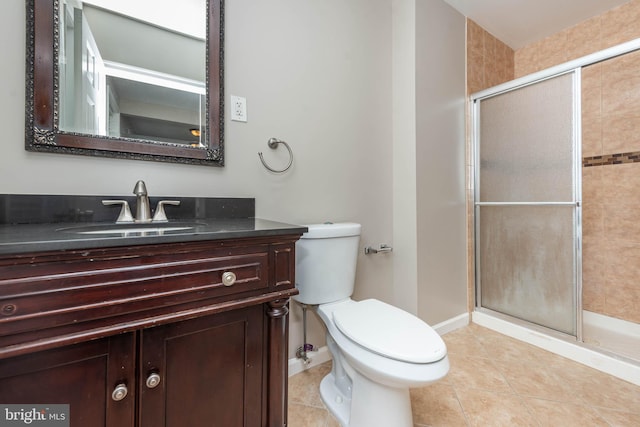 full bath featuring a stall shower, baseboards, toilet, tile patterned flooring, and vanity