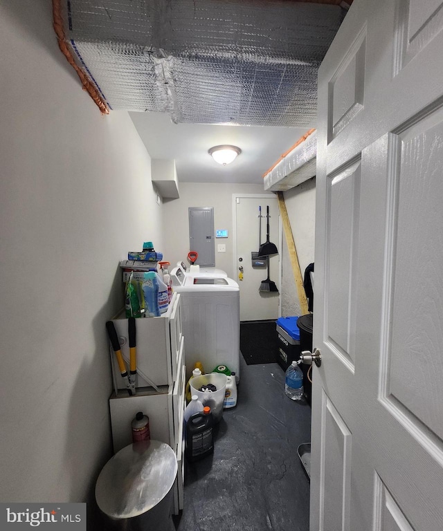 interior space with electric panel and washer and clothes dryer