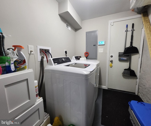 laundry room featuring electric panel and washer and dryer