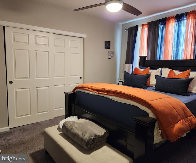 bedroom featuring a closet, ceiling fan, and carpet floors