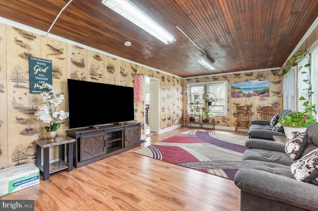 living room with crown molding, hardwood / wood-style floors, and wood ceiling