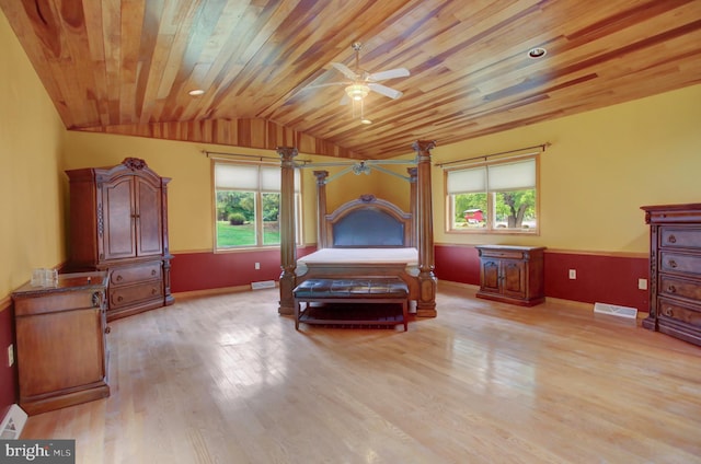 bedroom featuring wood ceiling, vaulted ceiling, light hardwood / wood-style floors, and baseboard heating