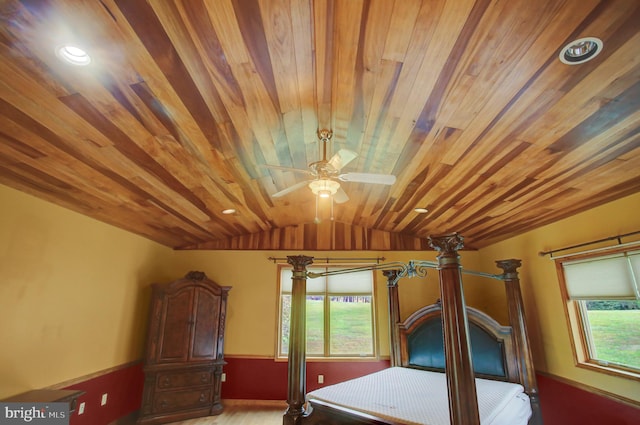 unfurnished bedroom featuring wooden ceiling, lofted ceiling, and ceiling fan